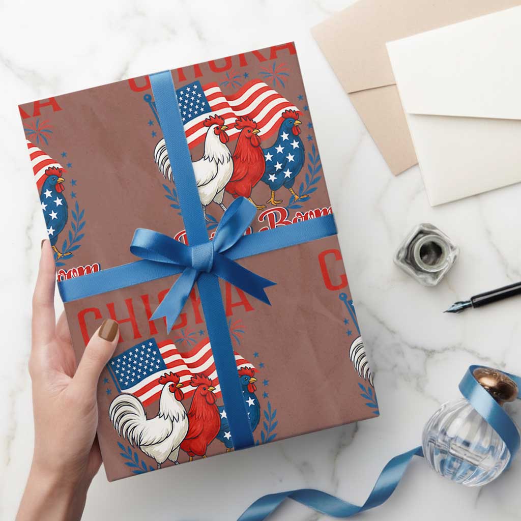 Chicka Boom Boom Patriotic Chicken Wrapping Paper Roll Funny Patriotic 4th of July Red White and Blue Farm - Wonder Print Shop