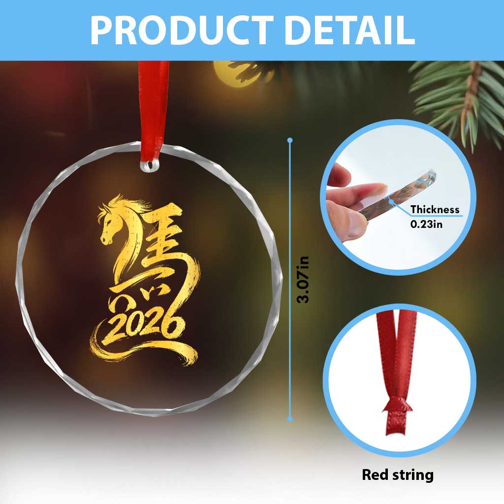 Chinese New Year 2026 Crystal Glass Ornament Year of The Horse Gold Calligraphy Art