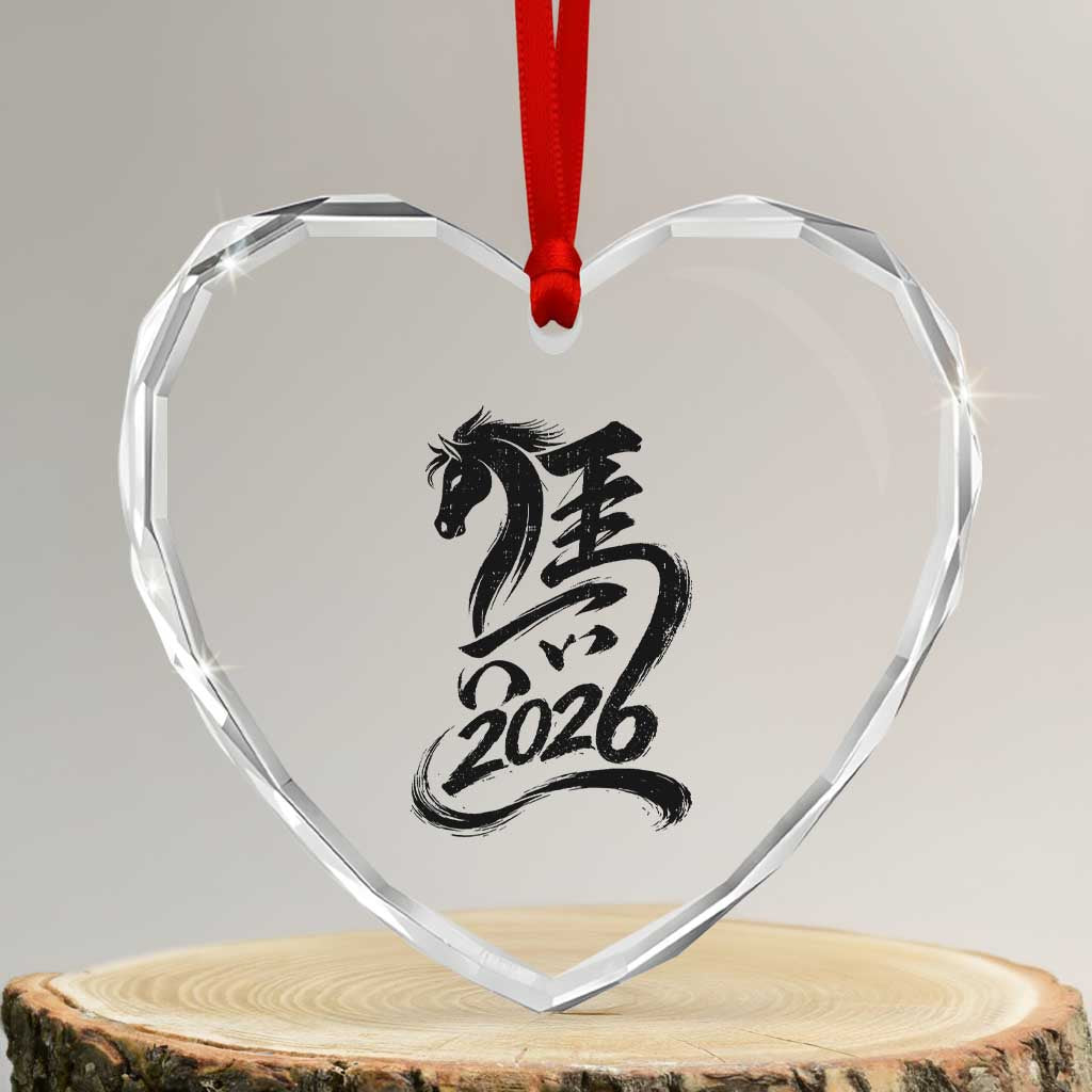 Chinese New Year 2026 Heart Crystal Glass Ornament Year of The Horse Calligraphy Ink Art