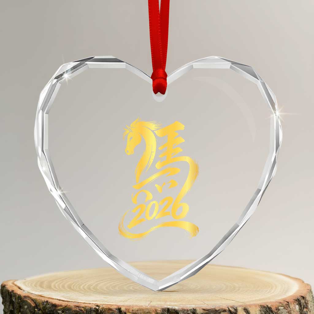 Chinese New Year 2026 Heart Crystal Glass Ornament Year of The Horse Gold Calligraphy Art