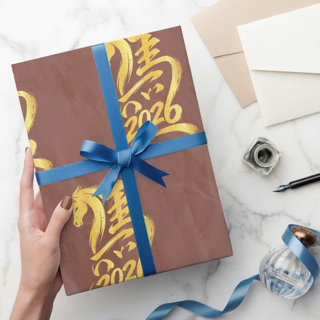 Chinese New Year 2026 Wrapping Paper Roll Year of The Horse Gold Calligraphy Art