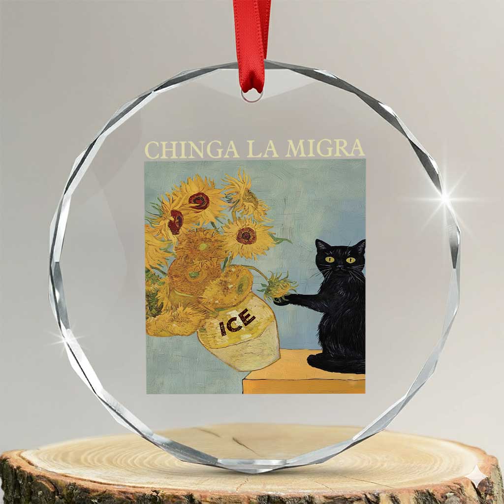 Chinga la Migra Crystal Glass Ornament Subtle FDT Black Cat Meme Van Gogh Art - Wonder Print Shop