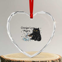 Chinga La Migra Heart Crystal Glass Ornament Funny Cat Immigration Support
