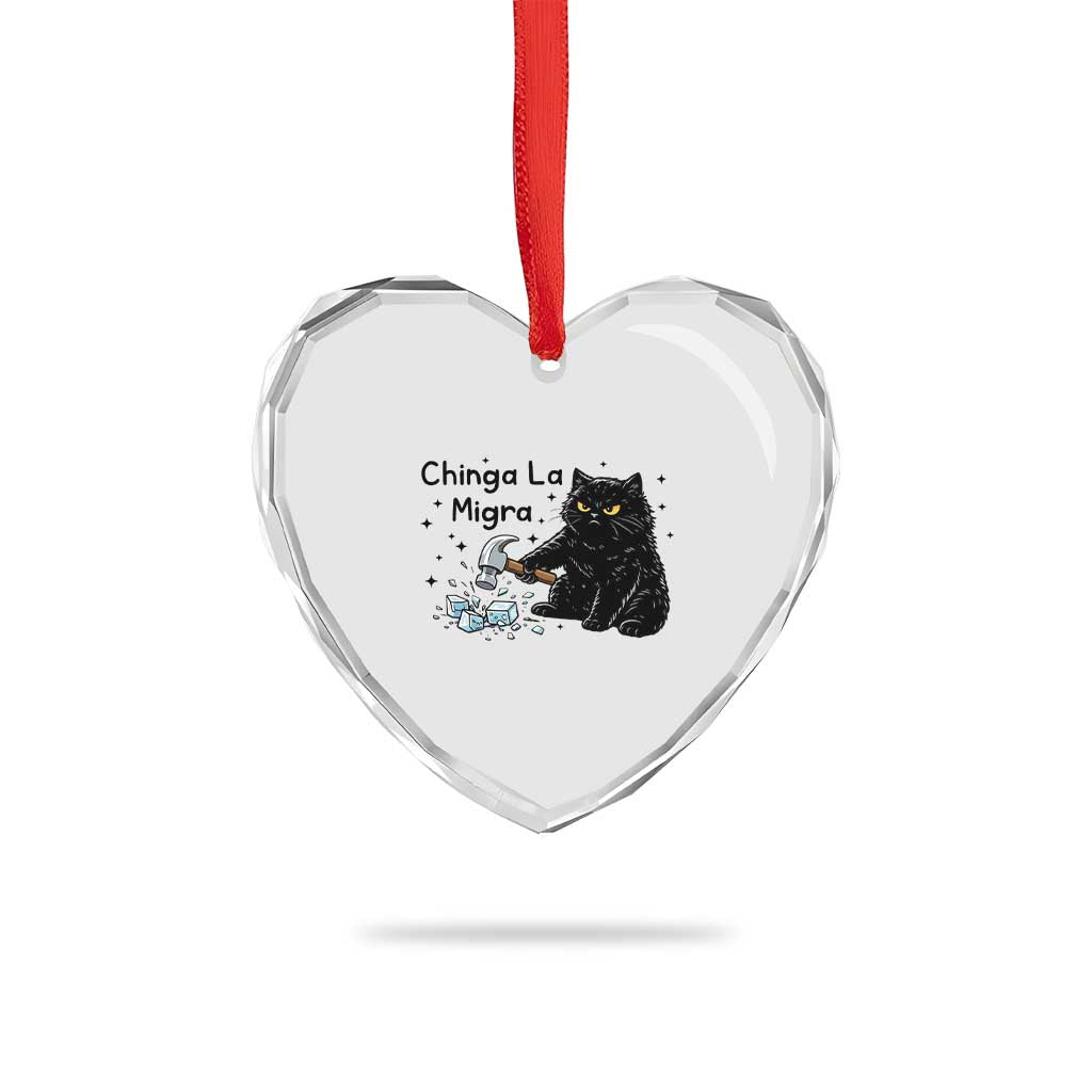 Chinga La Migra Heart Crystal Glass Ornament Funny Cat Immigration Support