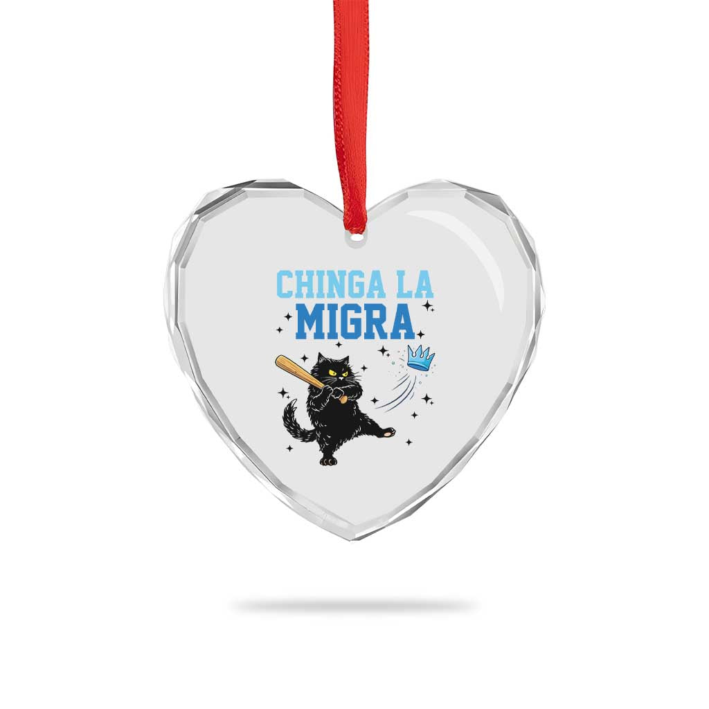 Chinga La Migra Heart Crystal Glass Ornament Funny Protest Cat Minneapolis Support Gift
