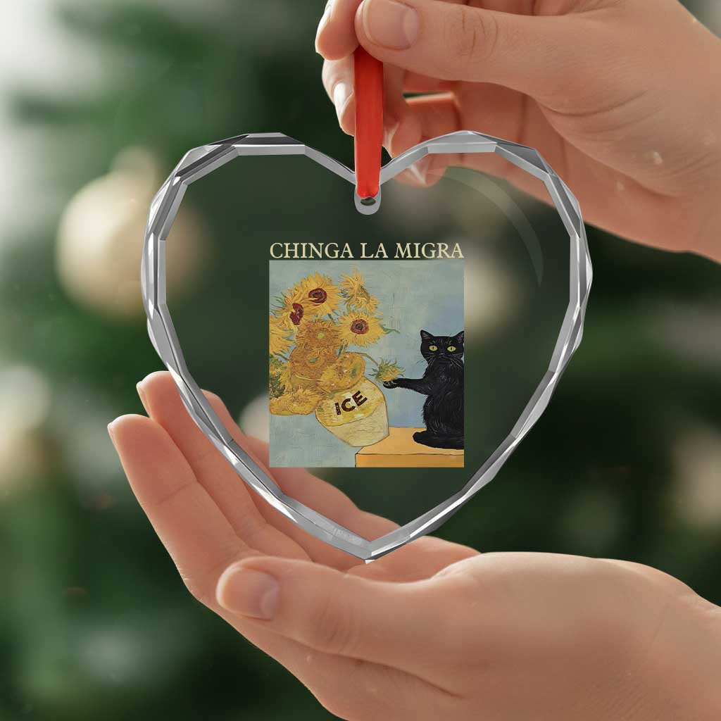 Chinga la Migra Heart Crystal Glass Ornament Subtle FDT Black Cat Meme Van Gogh Art - Wonder Print Shop