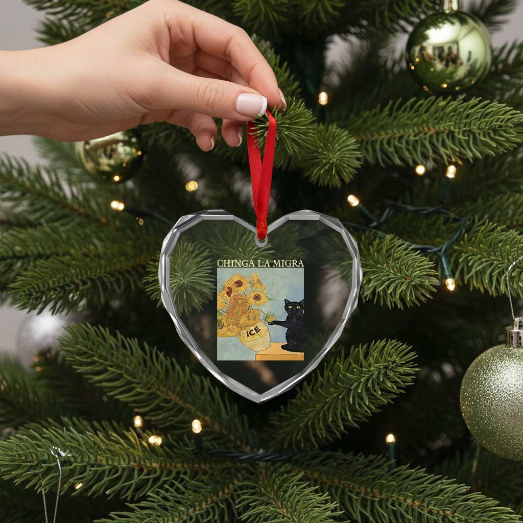 Chinga la Migra Heart Crystal Glass Ornament Subtle FDT Black Cat Meme Van Gogh Art - Wonder Print Shop