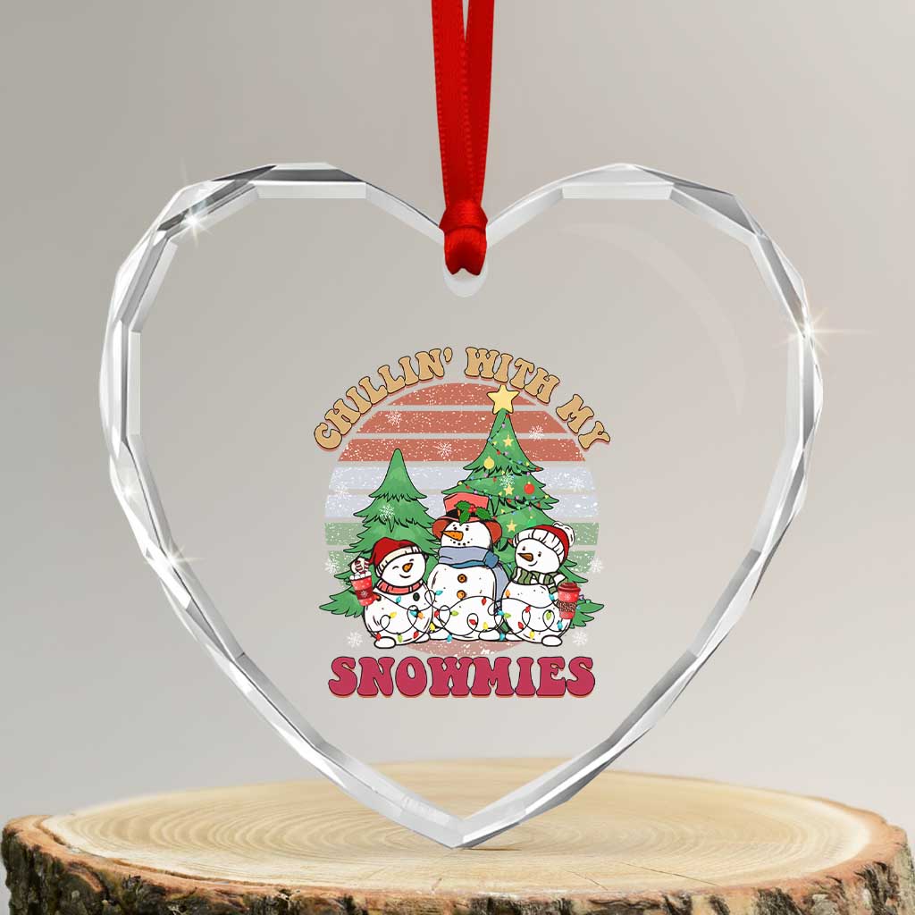 Chrismas Snowman Heart Crystal Glass Ornament Chillin' With My Snowmies Retro Xmas Vibe - Wonder Print Shop