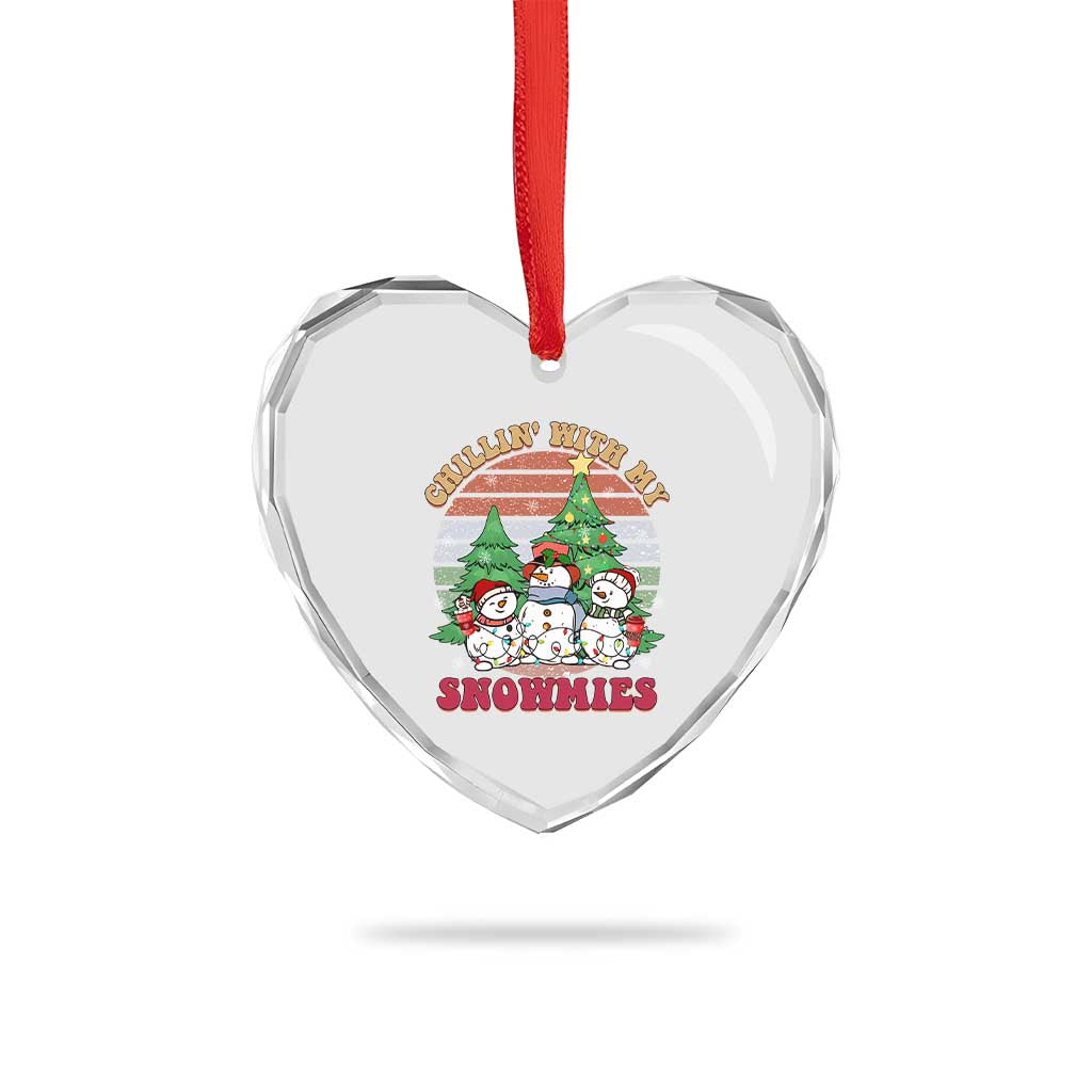 Chrismas Snowman Heart Crystal Glass Ornament Chillin' With My Snowmies Retro Xmas Vibe - Wonder Print Shop