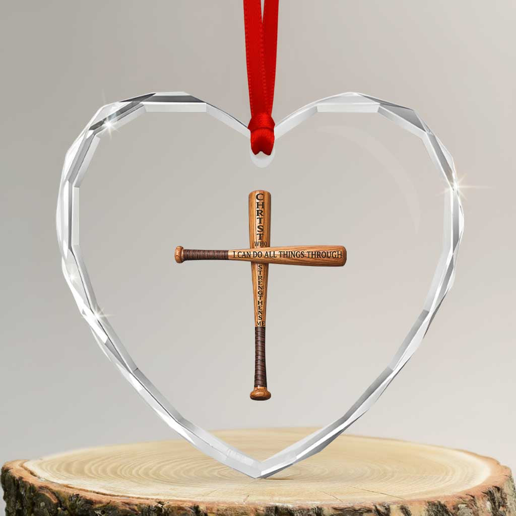 Christian Baseball Heart Crystal Glass Ornament I Can Do All Things Through Christ Who Strengthens Me