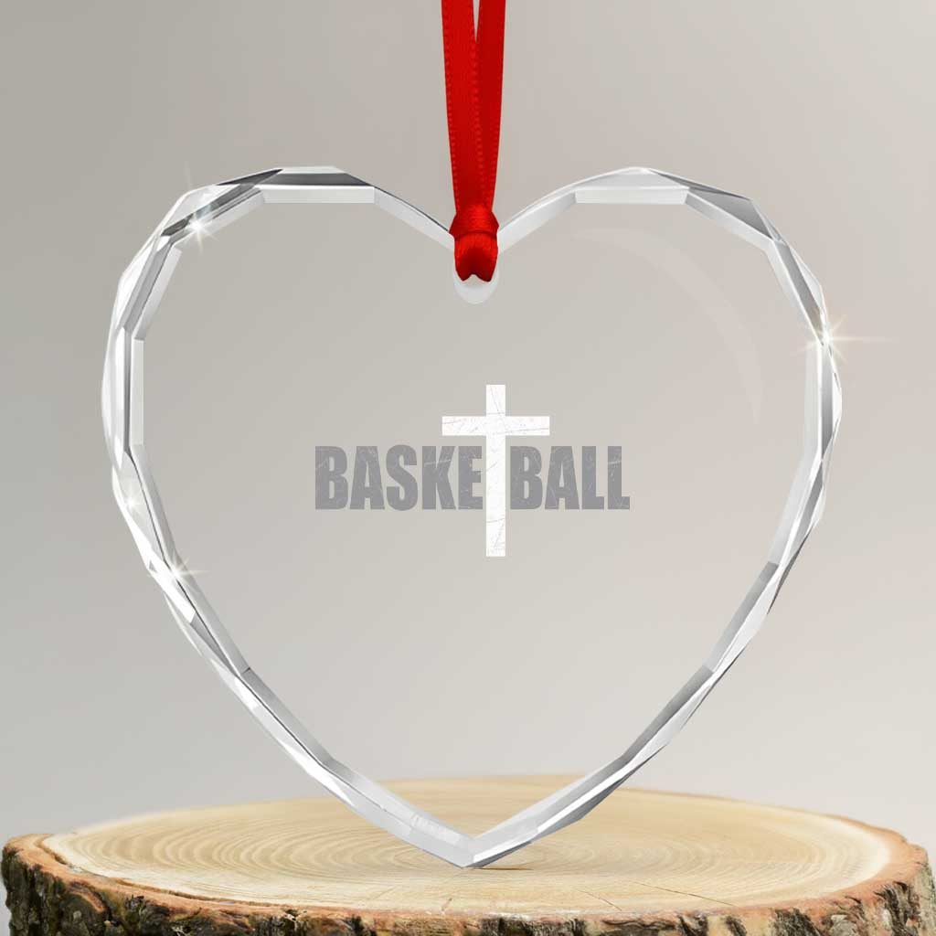 Christian Basketball Cross Heart Crystal Glass Ornament Vintage Minimal Religious Faith