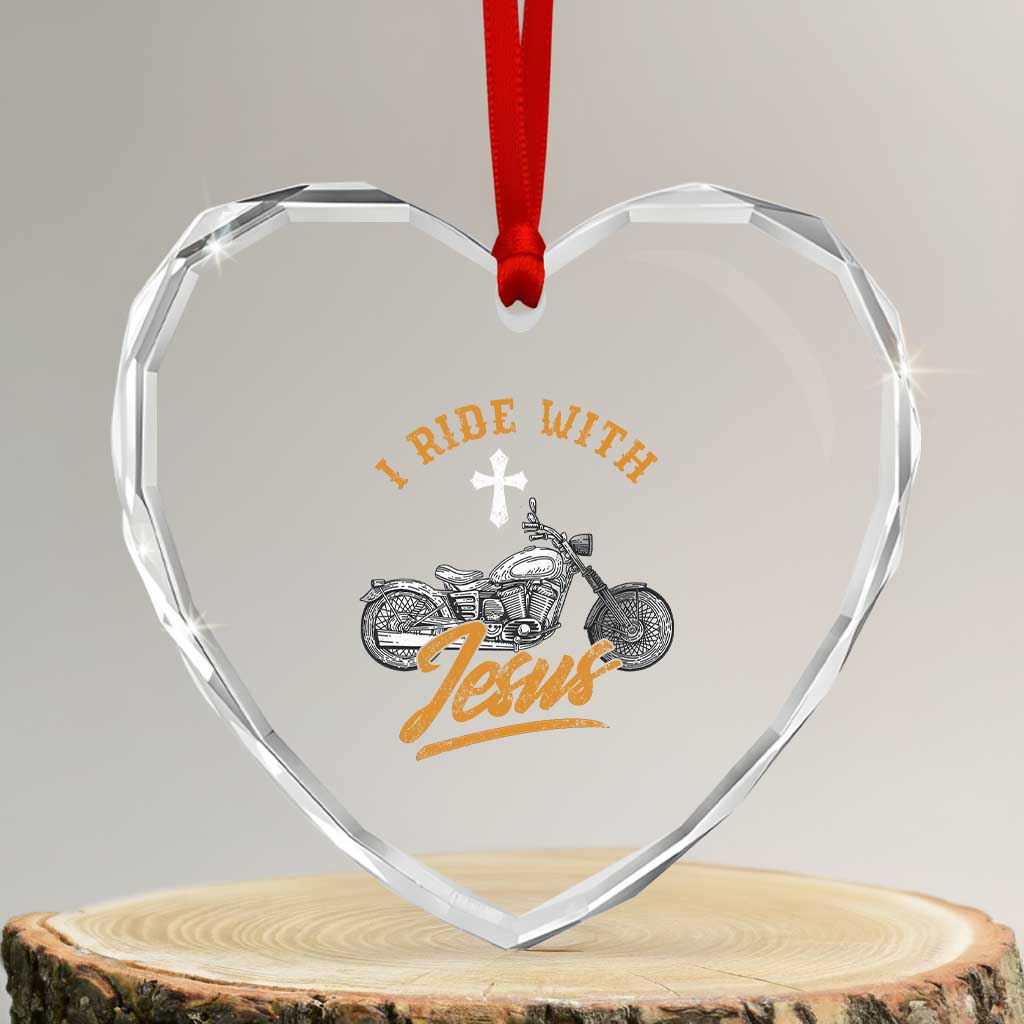Christian Biker Heart Crystal Glass Ornament I Ride With Jesus Faith Motorcycle - Wonder Print Shop