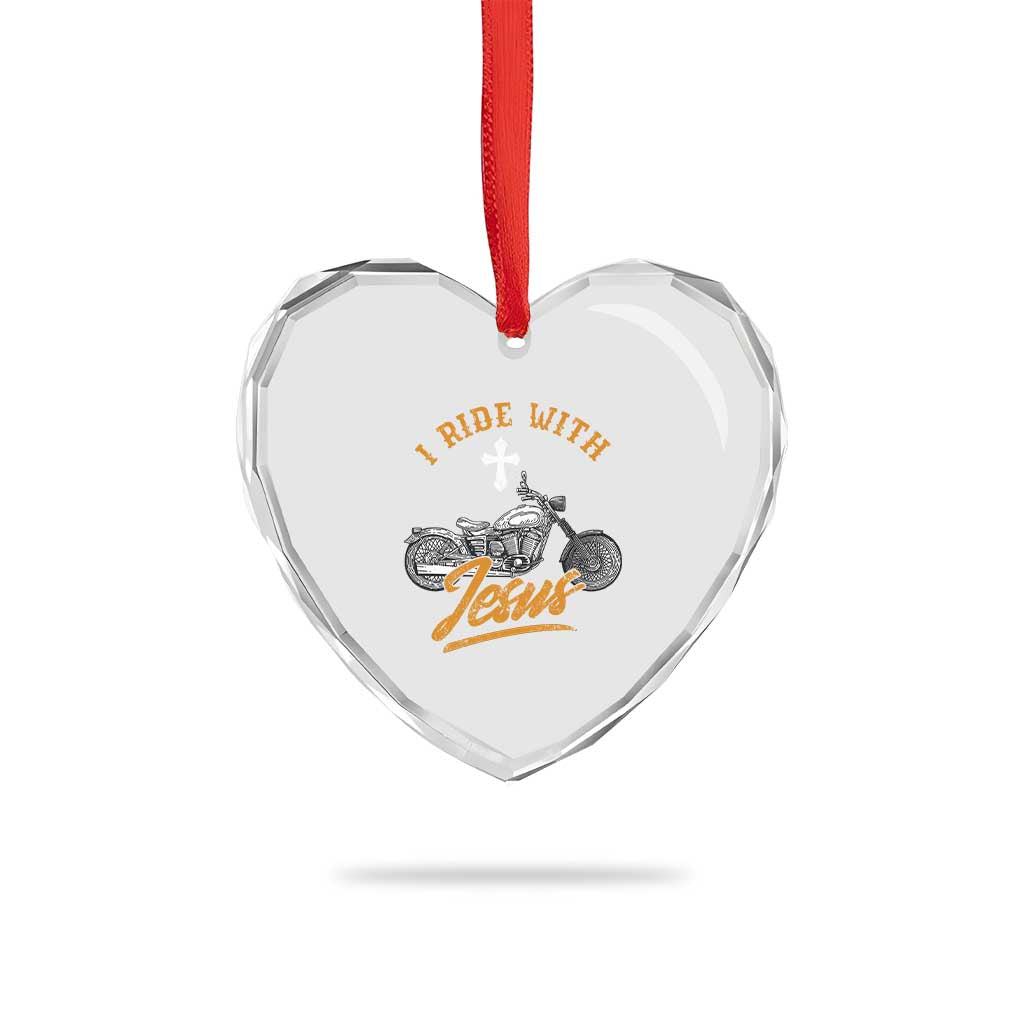 Christian Biker Heart Crystal Glass Ornament I Ride With Jesus Faith Motorcycle - Wonder Print Shop