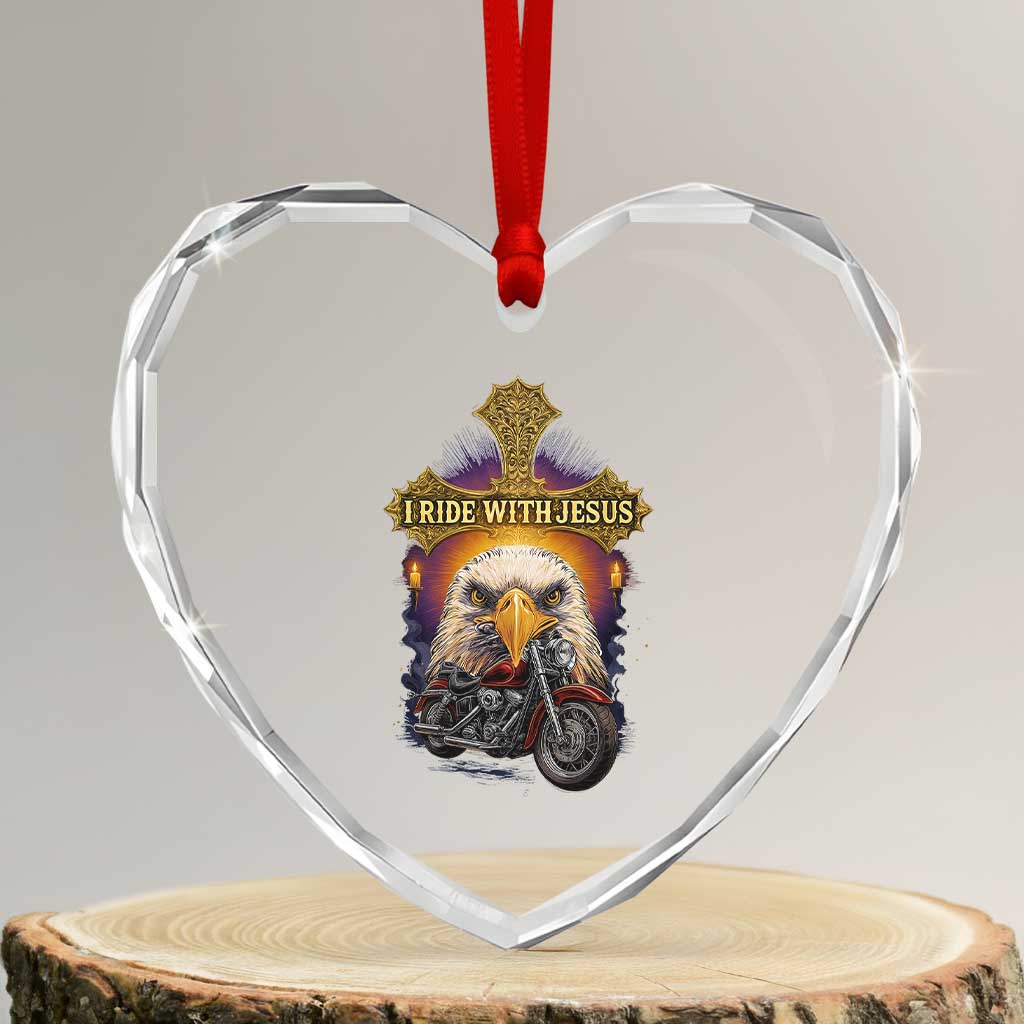 Christian Biker I Ride With Jesus Heart Crystal Glass Ornament Religious Faith Motorcycle Rider Eagle - Wonder Print Shop