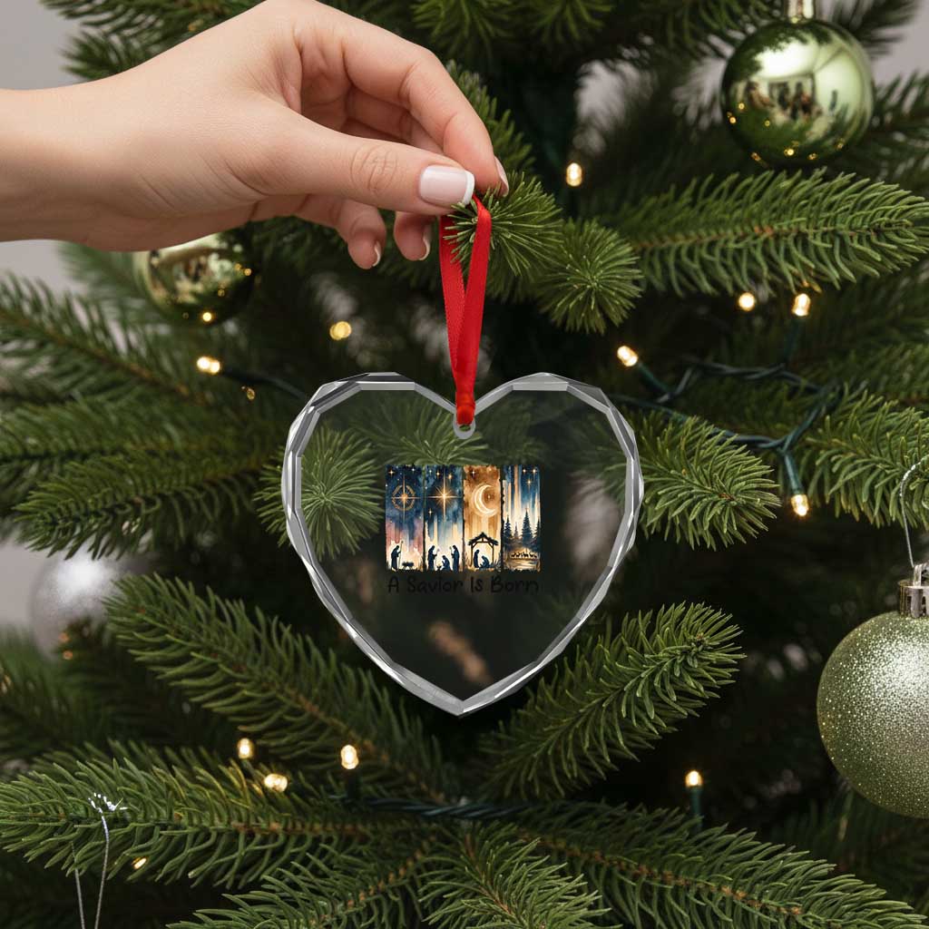 Christian Christmas Heart Crystal Glass Ornament A Savior Is Born Jesus Nativity Scene - Wonder Print Shop