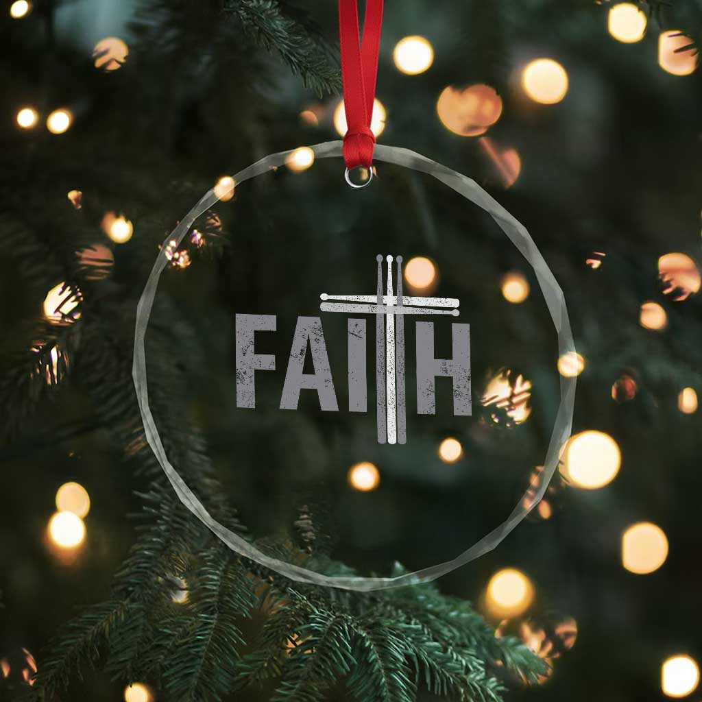 Christian Drummer Crystal Glass Ornament Faith Drum Stick Cross