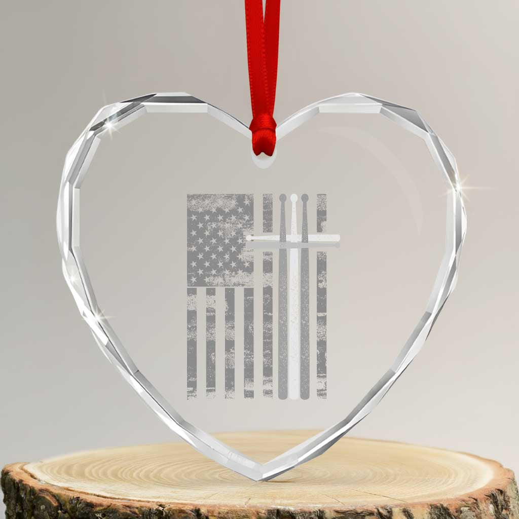 Christian Drummer Heart Crystal Glass Ornament American Flag Drumsticks Religious Faith Cross Patriotic