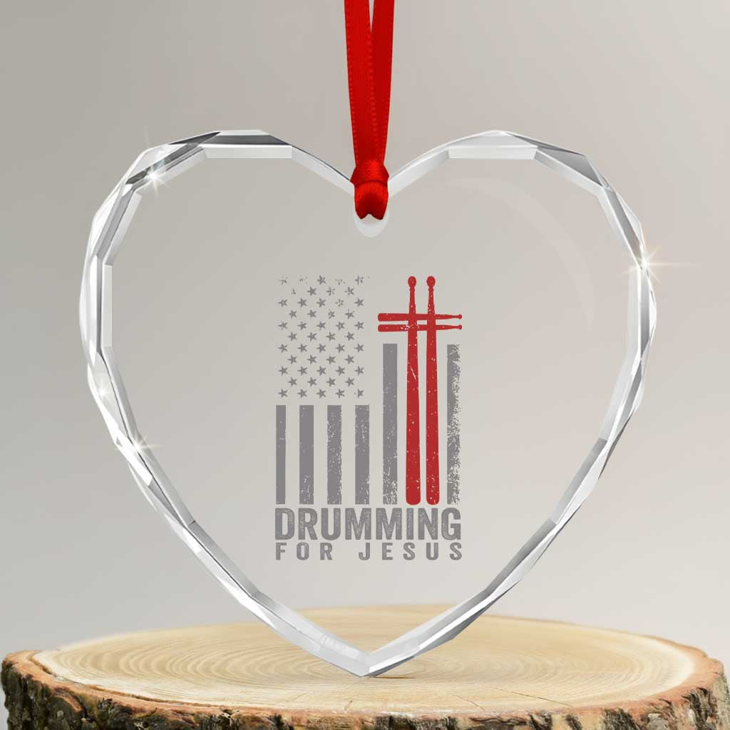 Christian Drummer Heart Crystal Glass Ornament Drumming For Jesus Cross USA Flag Percussionist