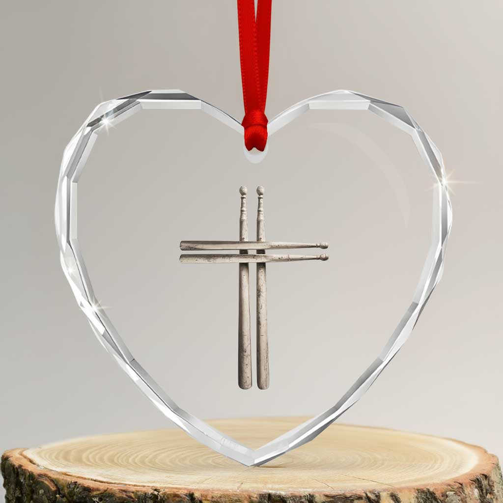 Christian Drummer Heart Crystal Glass Ornament Drumstick Cross Rock Music Lover Gift - Wonder Print Shop
