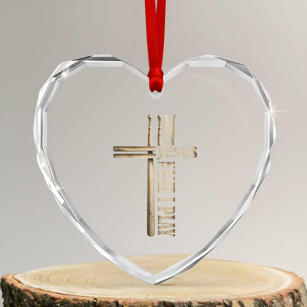 Christian Drummer Heart Crystal Glass Ornament In Jesus Name I Play Drumstick Cross Drums Percussionist