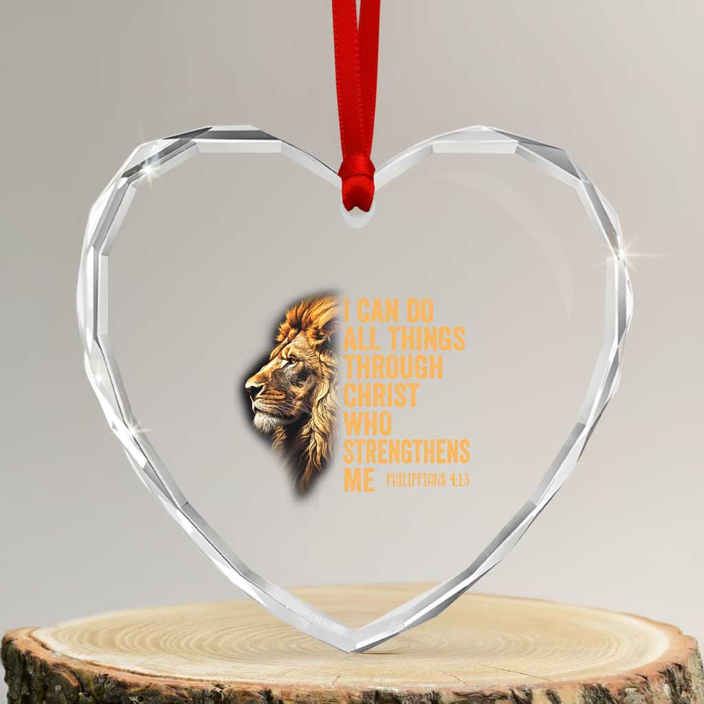 Christian Faith Heart Crystal Glass Ornament Philippians 4:13 Religious Lion Strengthens - Wonder Print Shop