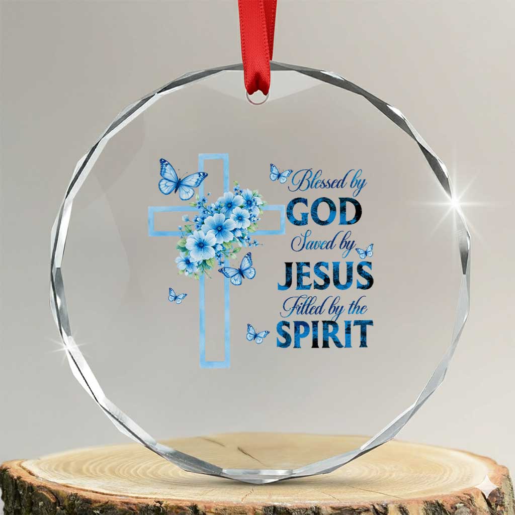Christian Jesus Crystal Glass Ornament Blessed By God Saved By Jesus Blue Floral Cross Butterfly Art