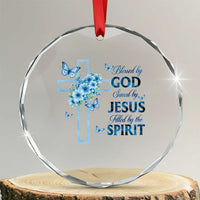 Christian Jesus Crystal Glass Ornament Blessed By God Saved By Jesus Blue Floral Cross Butterfly Art