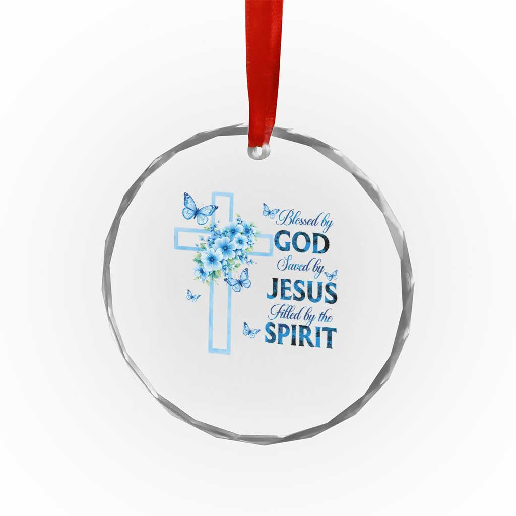 Christian Jesus Crystal Glass Ornament Blessed By God Saved By Jesus Blue Floral Cross Butterfly Art