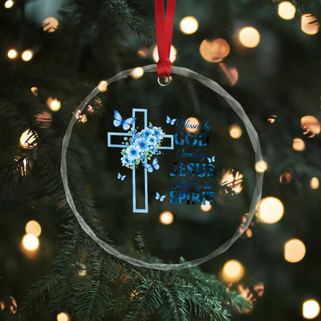Christian Jesus Crystal Glass Ornament Blessed By God Saved By Jesus Blue Floral Cross Butterfly Art