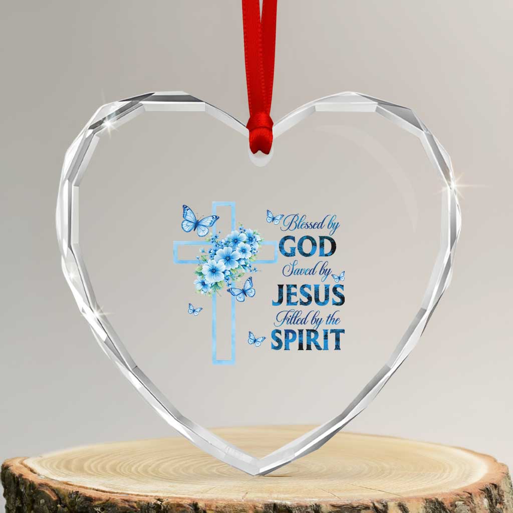 Christian Jesus Heart Crystal Glass Ornament Blessed By God Saved By Jesus Blue Floral Cross Butterfly Art