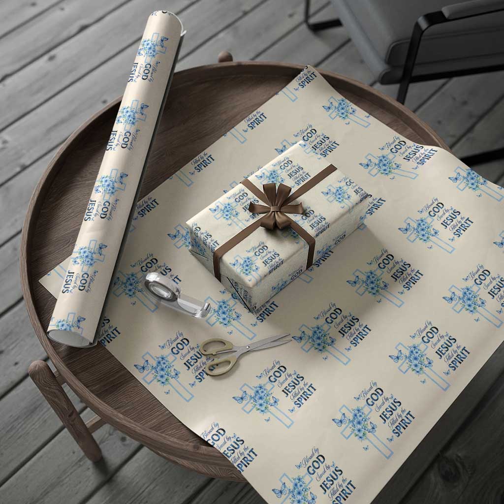 Christian Jesus Wrapping Paper Roll Blessed By God Saved By Jesus Blue Floral Cross Butterfly Art