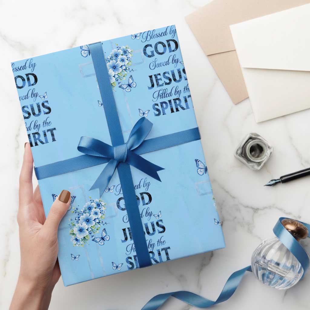 Christian Jesus Wrapping Paper Roll Blessed By God Saved By Jesus Blue Floral Cross Butterfly Art