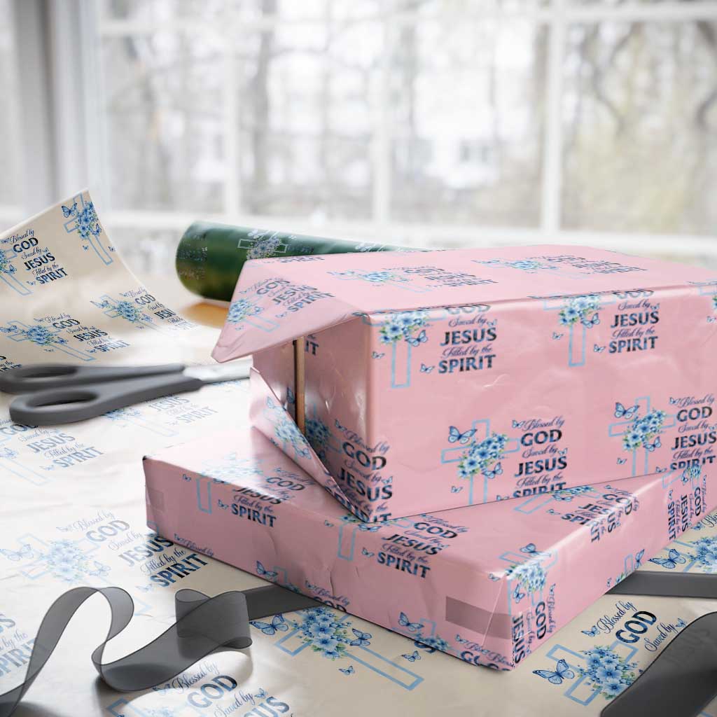 Christian Jesus Wrapping Paper Roll Blessed By God Saved By Jesus Blue Floral Cross Butterfly Art