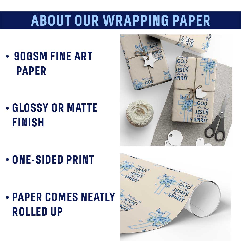 Christian Jesus Wrapping Paper Roll Blessed By God Saved By Jesus Blue Floral Cross Butterfly Art