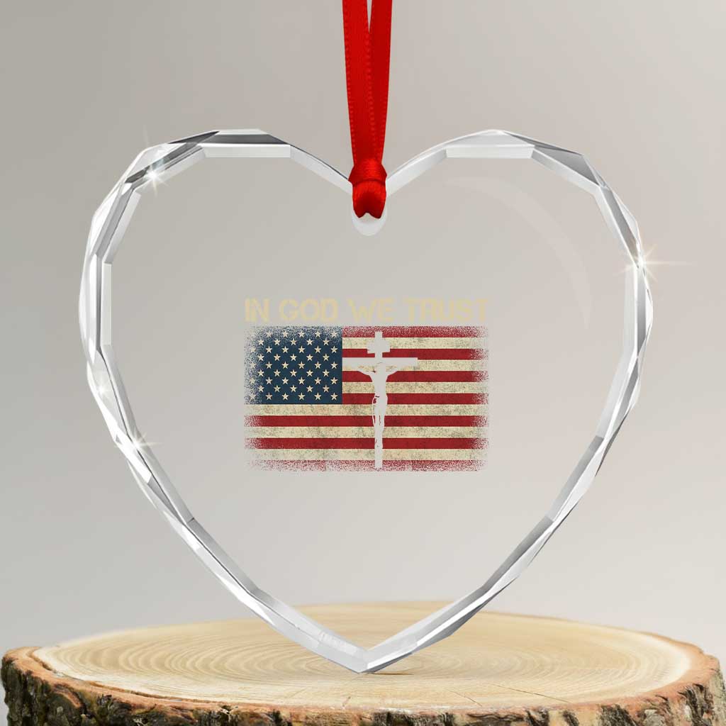Christian USA Flag Heart Crystal Glass Ornament American Christ Faith Cross Patriotic In God We Trust