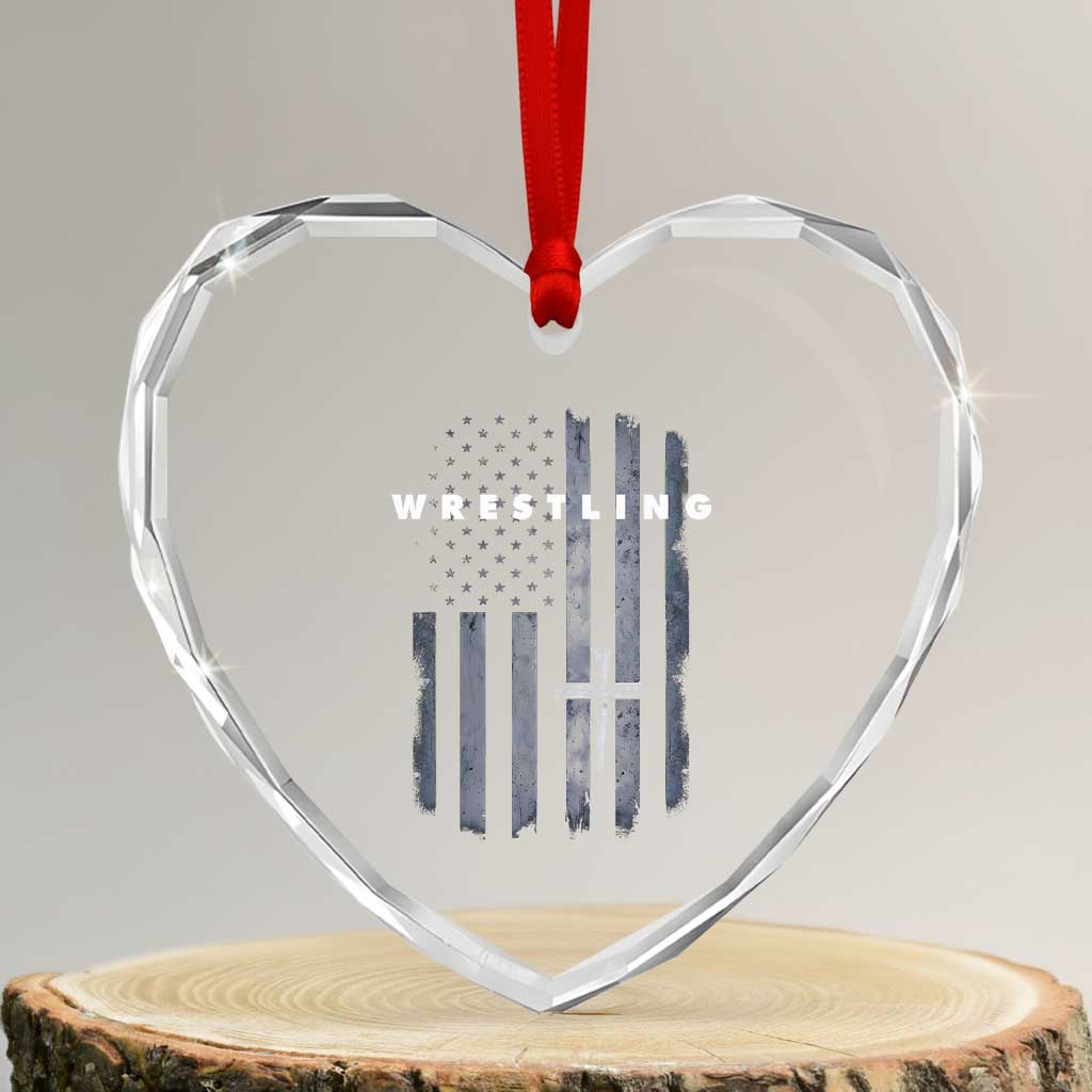 Christian Wrestling Heart Crystal Glass Ornament Wrestler Faith Strength US USA Flag Christ Cross