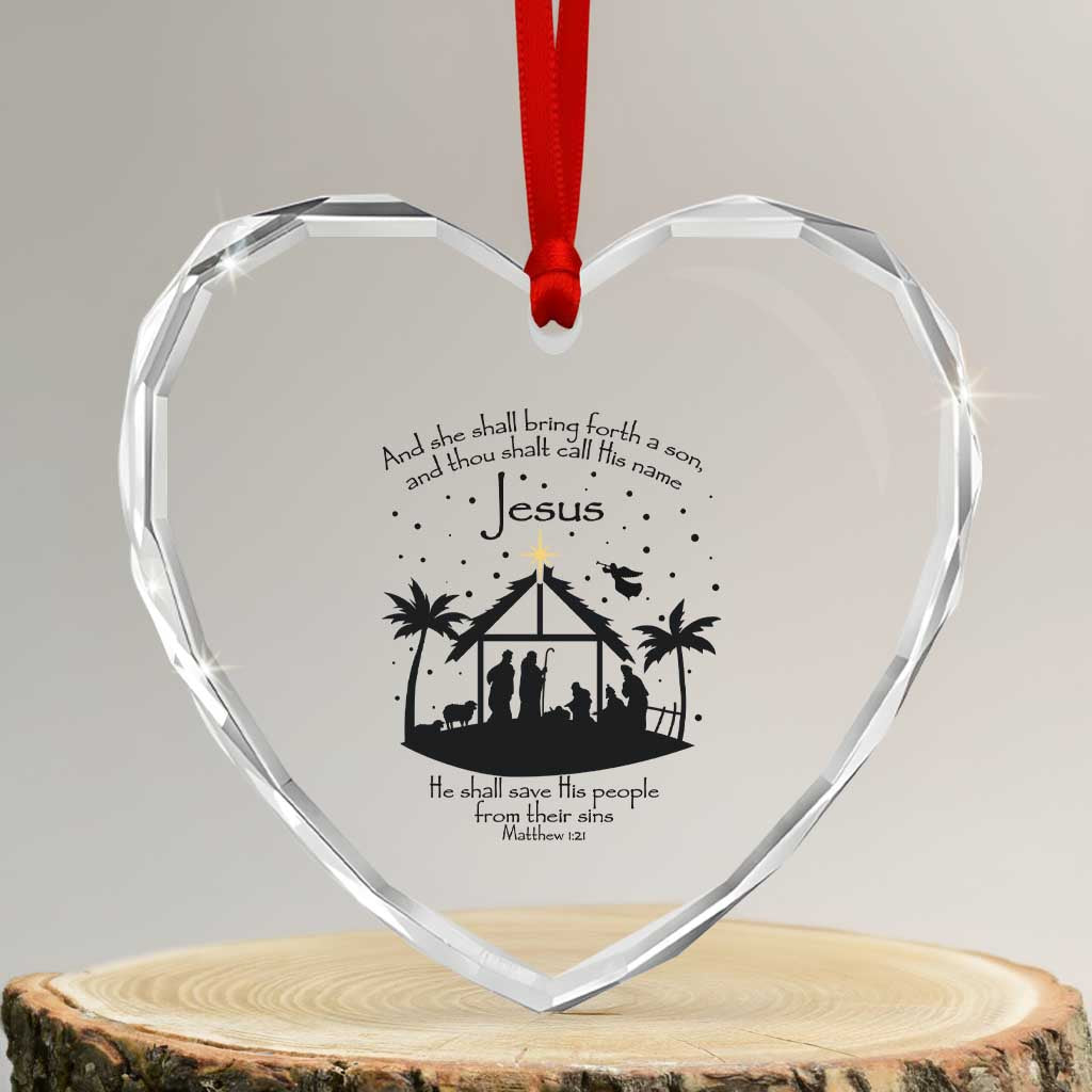 Christian Xmas Heart Crystal Glass Ornament And She Shall Bring Forth A Son And Thou Shalt Call His Name Jesus - Wonder Print Shop