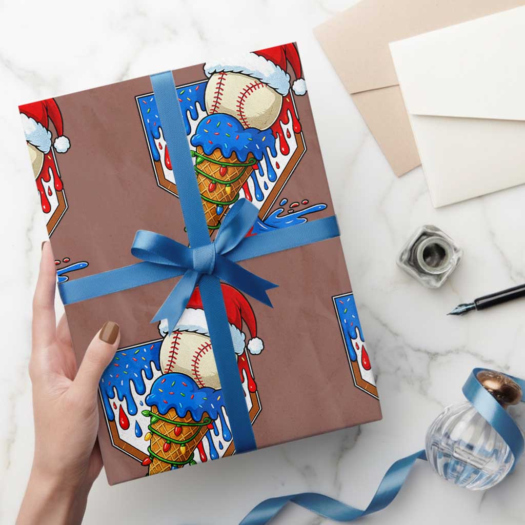 Christmas Baseball Ice Cream Drip Wrapping Paper Roll Santa Sports Player Xmas Light Boys Baseball Bat - Wonder Print Shop