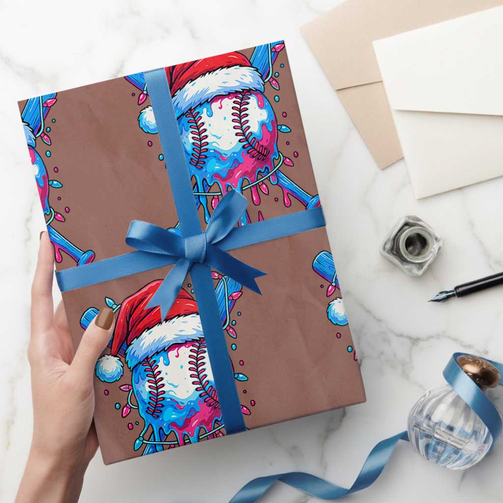 Christmas Baseball Ice Cream Drip Wrapping Paper Roll Santa Sports Xmas Light Boys Sprinkles Baseball Bat - undefined