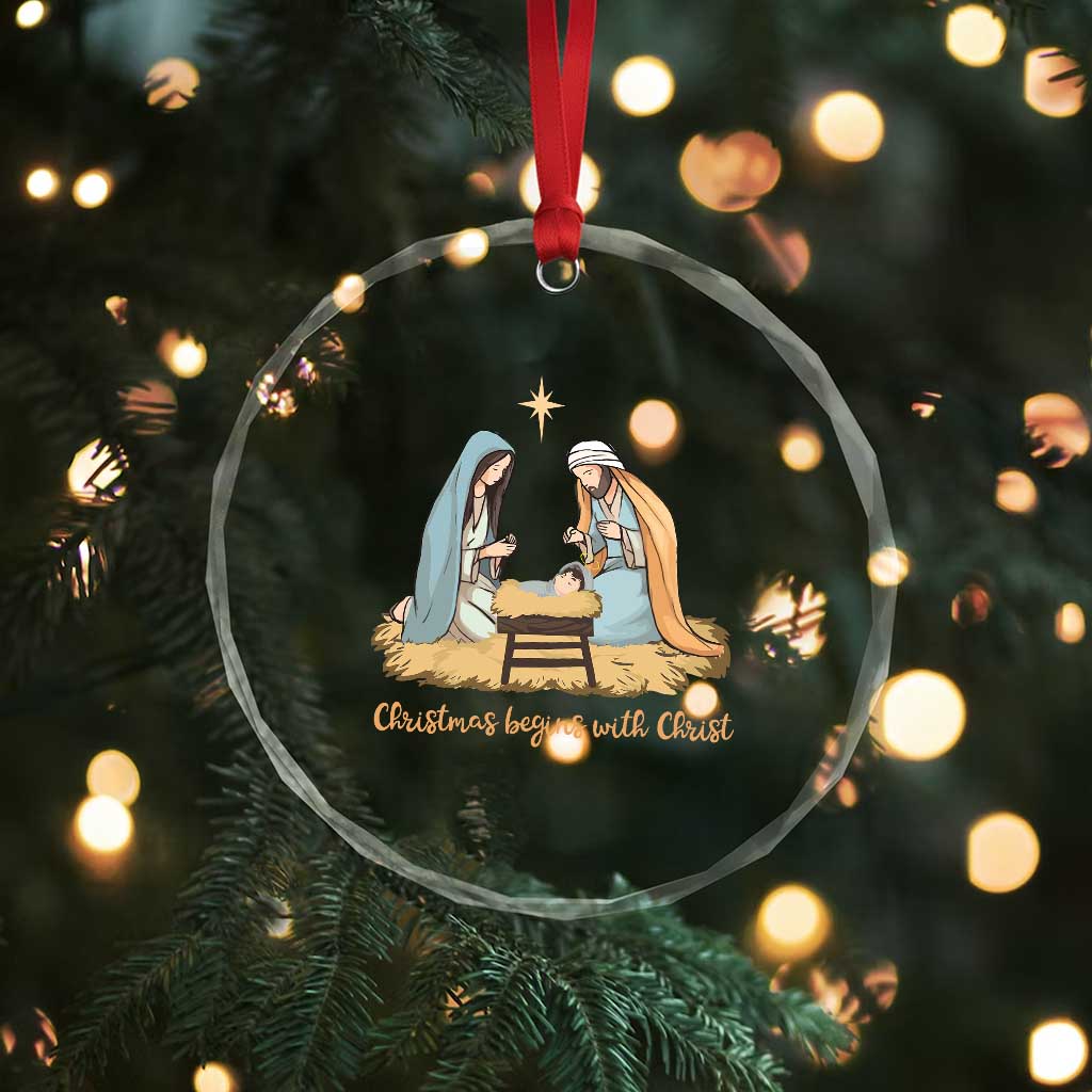 Christmas Begins With Christ Crystal Glass Ornament Christian Xmas Nativity Scene TS11