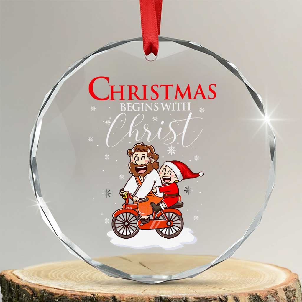 Christmas Begins With Christ Crystal Glass Ornament Jesus Santa Riding Bicycle TS09