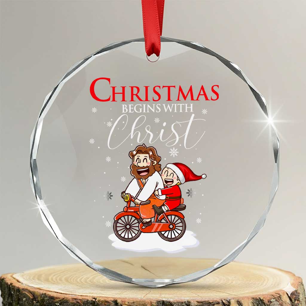 Christmas Begins With Christ Crystal Glass Ornament Jesus Santa Riding Bicycle - Wonder Print Shop