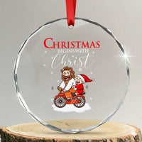 Christmas Begins With Christ Crystal Glass Ornament Jesus Santa Riding Bicycle TS09