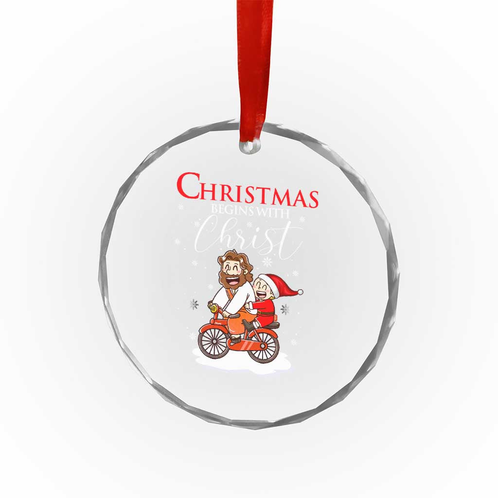 Christmas Begins With Christ Crystal Glass Ornament Jesus Santa Riding Bicycle TS09