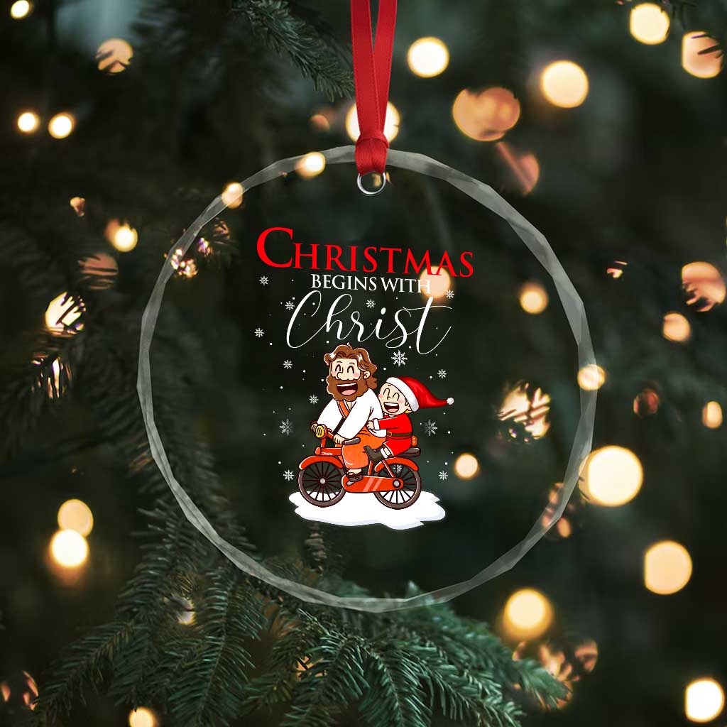 Christmas Begins With Christ Crystal Glass Ornament Jesus Santa Riding Bicycle TS09
