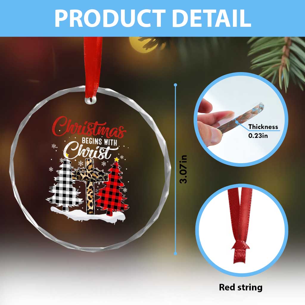Christmas Begins With Christ Crystal Glass Ornament Leopard Cross Plaid Xmas Tree TS11