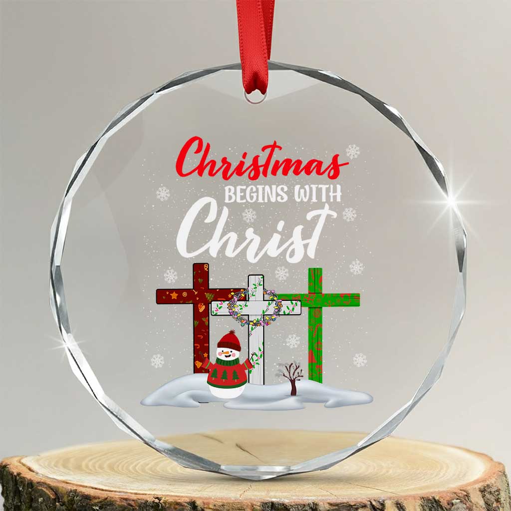 Christmas Begins With Christ Crystal Glass Ornament Snowman Christian Cross TS09