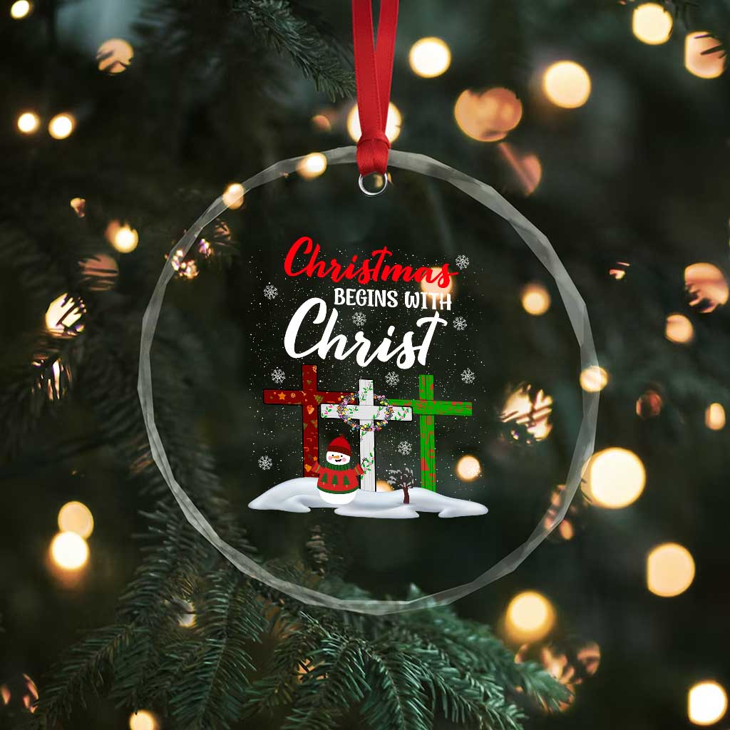 Christmas Begins With Christ Crystal Glass Ornament Snowman Christian Cross TS09
