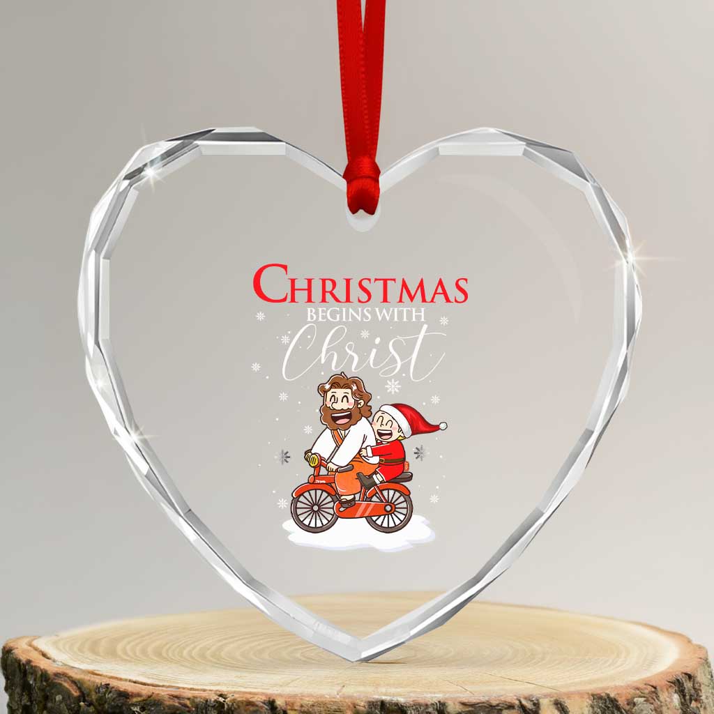 Christmas Begins With Christ Heart Crystal Glass Ornament Jesus Santa Riding Bicycle - Wonder Print Shop