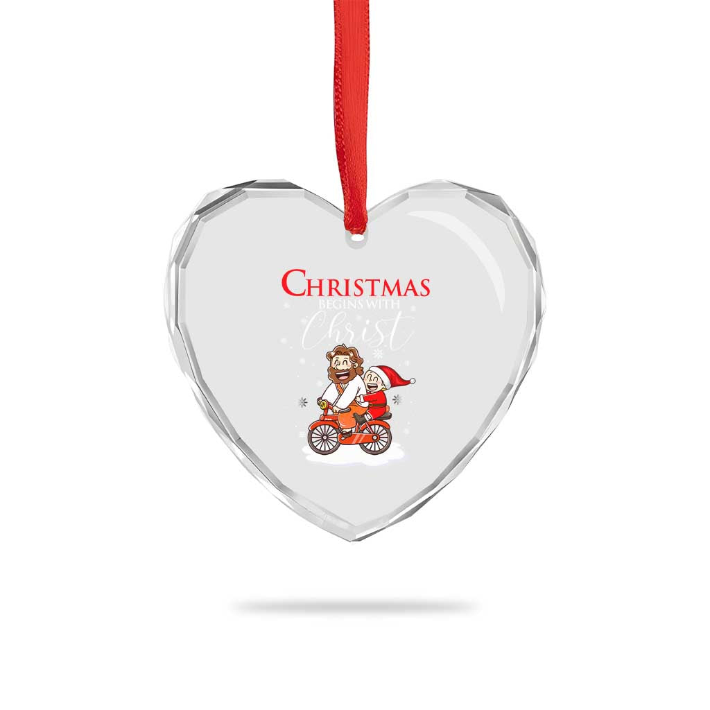 Christmas Begins With Christ Heart Crystal Glass Ornament Jesus Santa Riding Bicycle - Wonder Print Shop